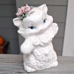 Vintage Porcelain Cat With Capodimonte Roses Hand Painted Figurine